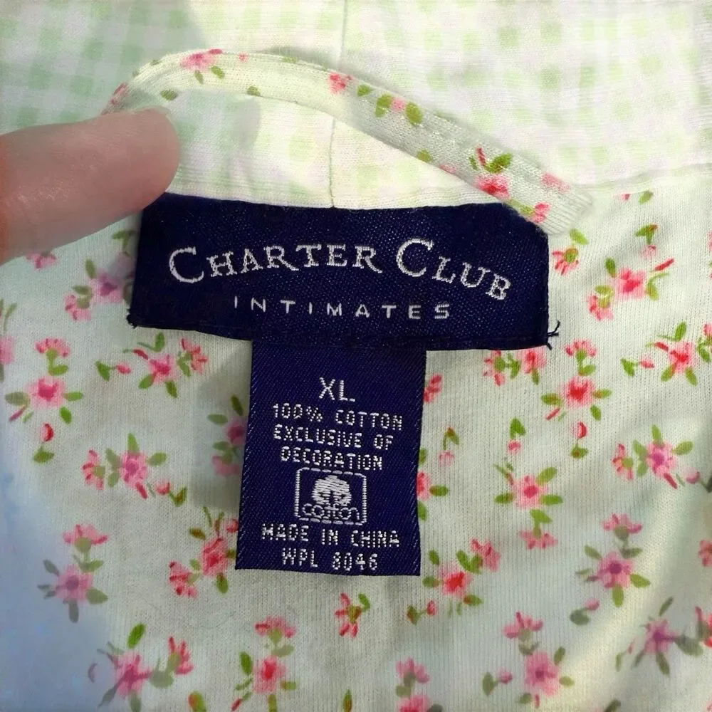 Charter Club Cottagecore Mint Green Floral Gingham Cotton Kimono Wrap Robe XL